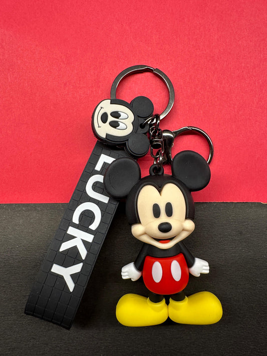 Mickey Mouse keychain with a 'LUCKY' tag on a red and black background