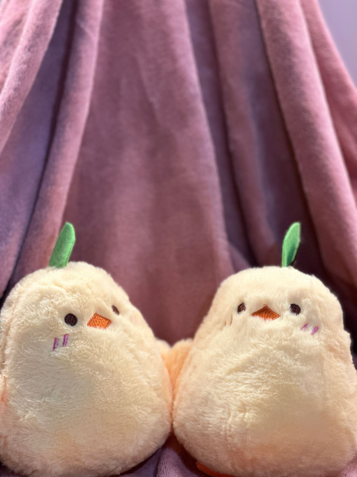 Two fluffy plush chicks with small orange beaks, black eyes, and green leaf-like stems on their heads, sitting side by side against a soft pink fabric background.